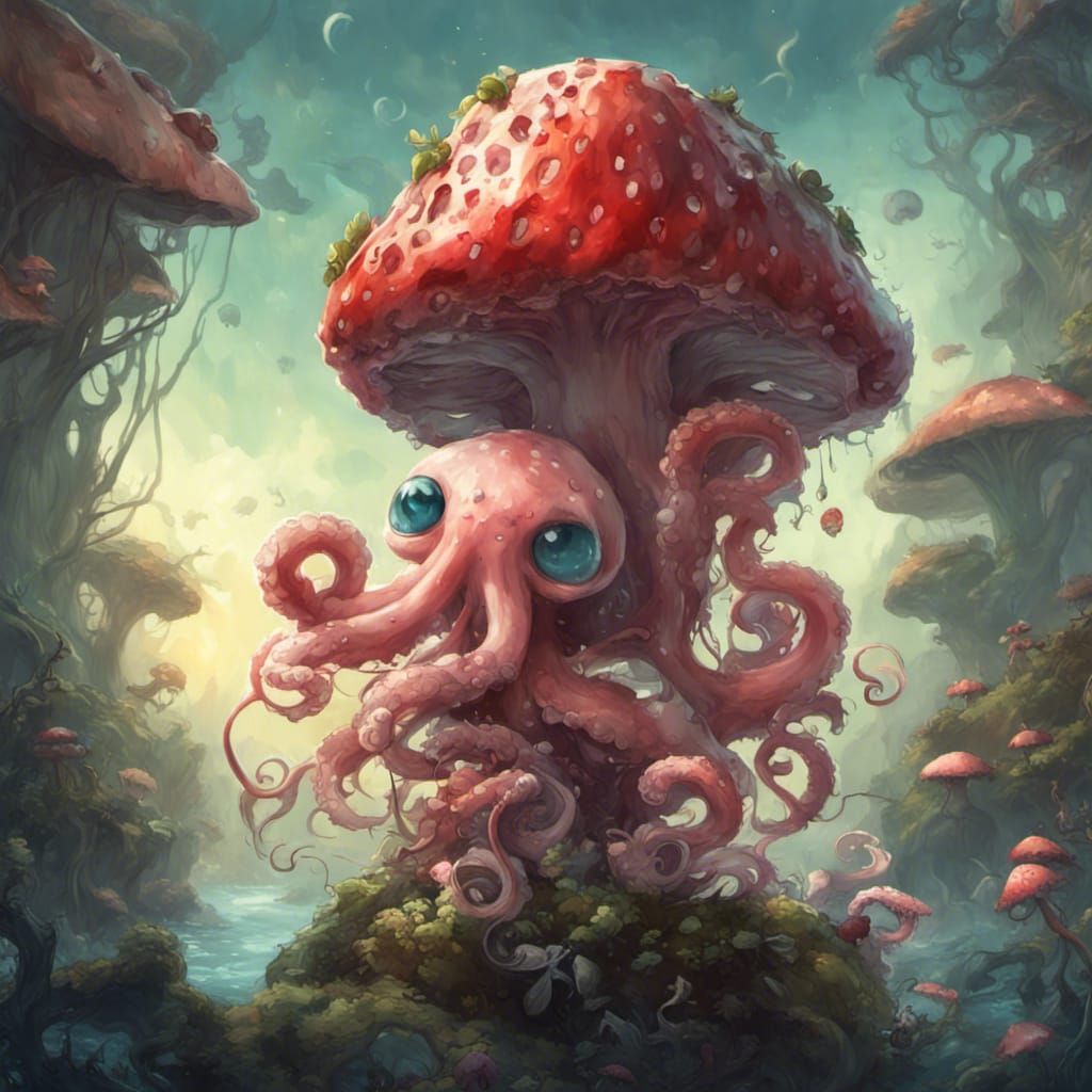 Chibi Strawberry Octopus in Fantasy Reef