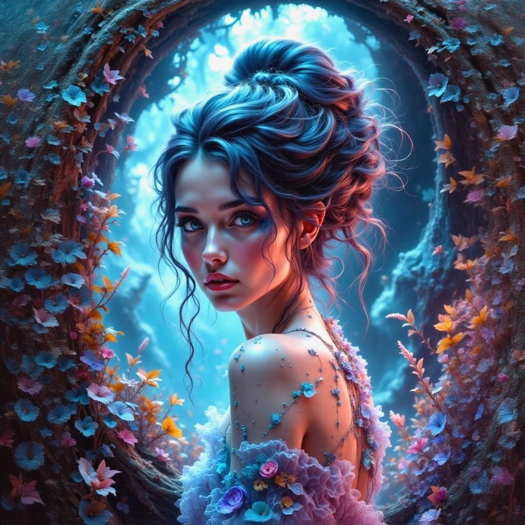 Sci-Fi Woman Investigates Portal in Ethereal Dreamscape