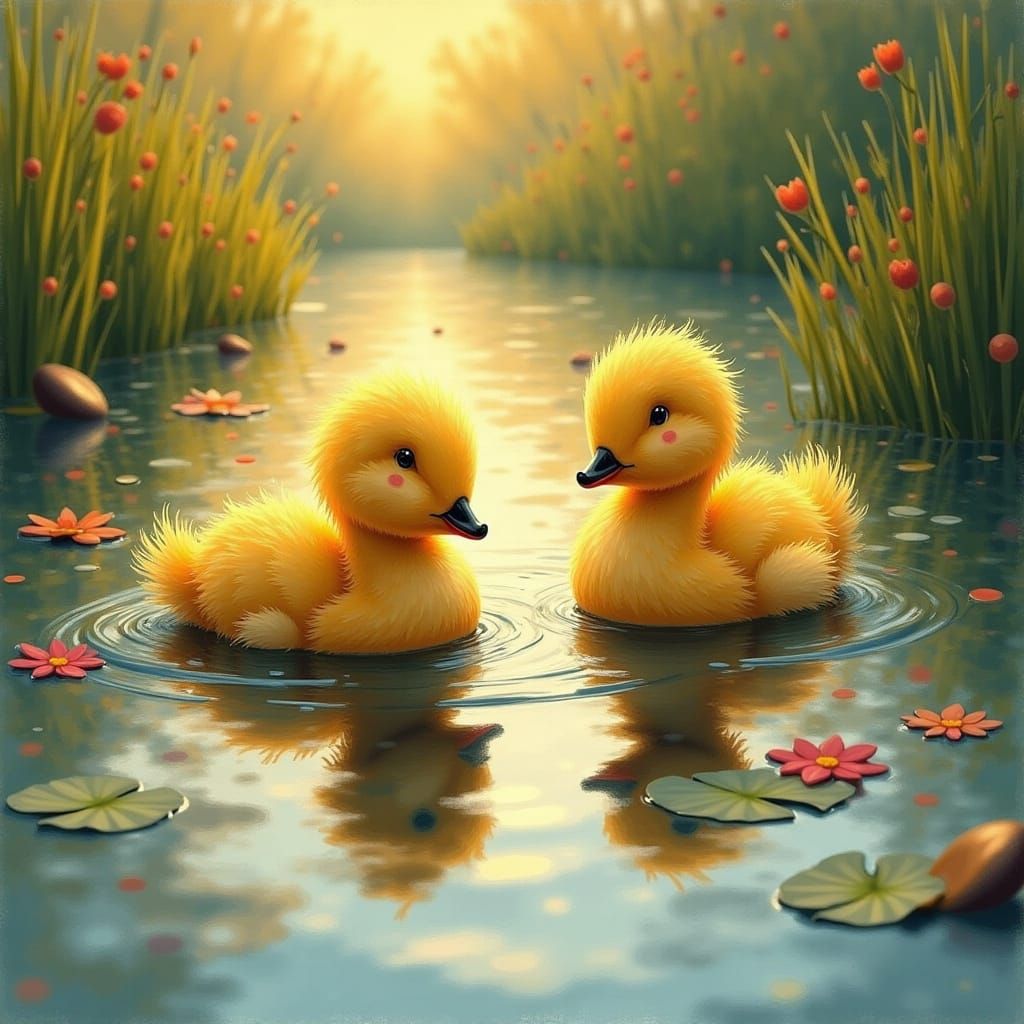 Fluffy Ducklings Swim in Serene Pond at Sunrise