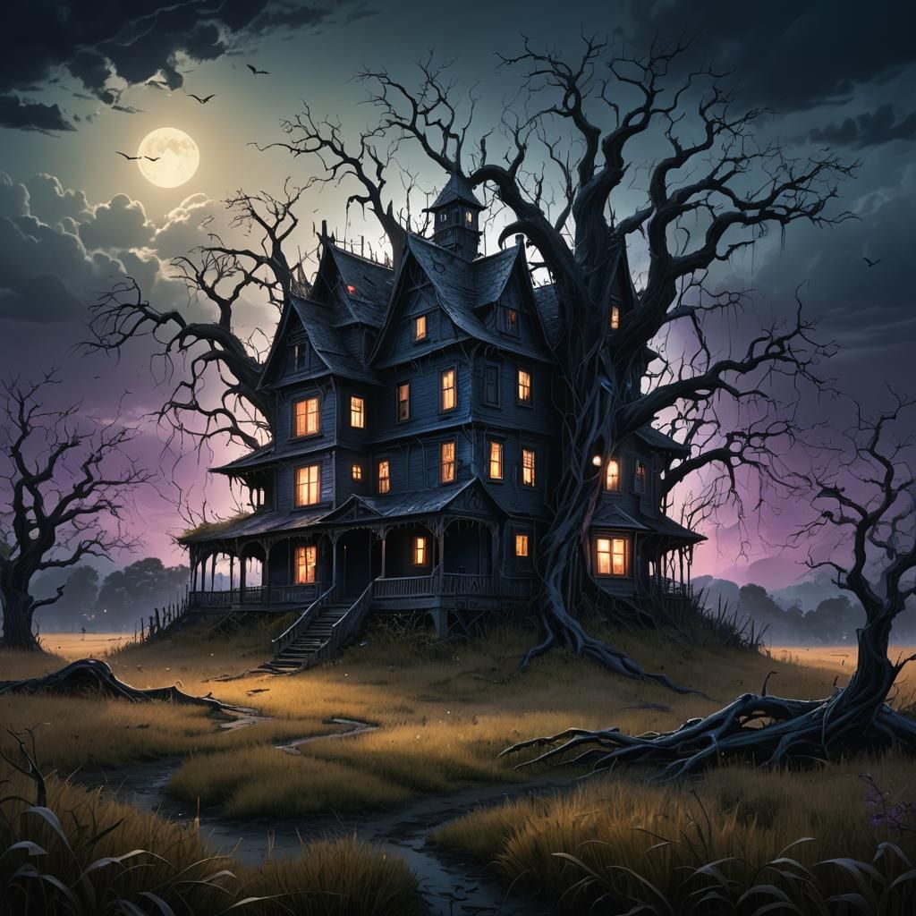 Dark Fantasy House in Ominous Landscape