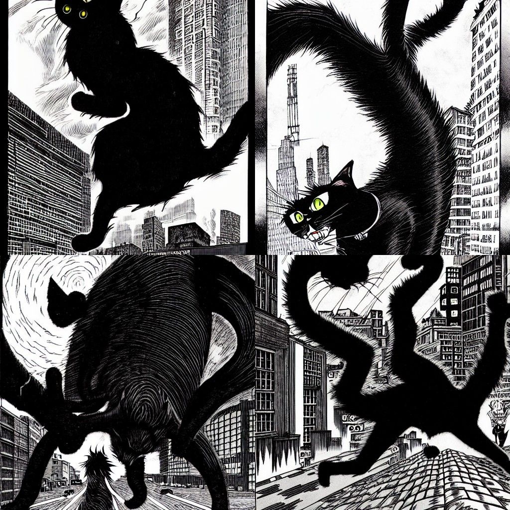Giant Black Cat Destroys City in Manga Style