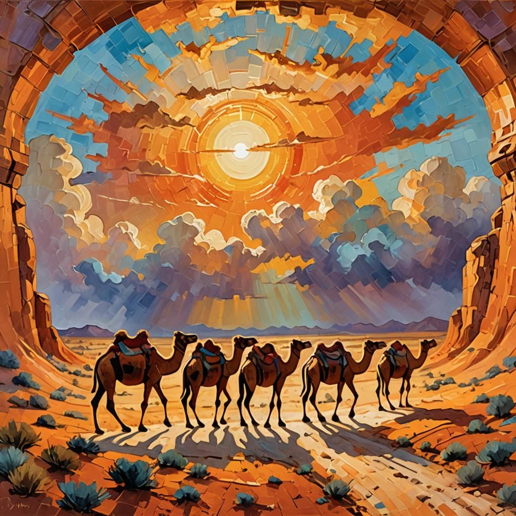 Camels in Cloud Tunnel: Expressionist Impasto Painting