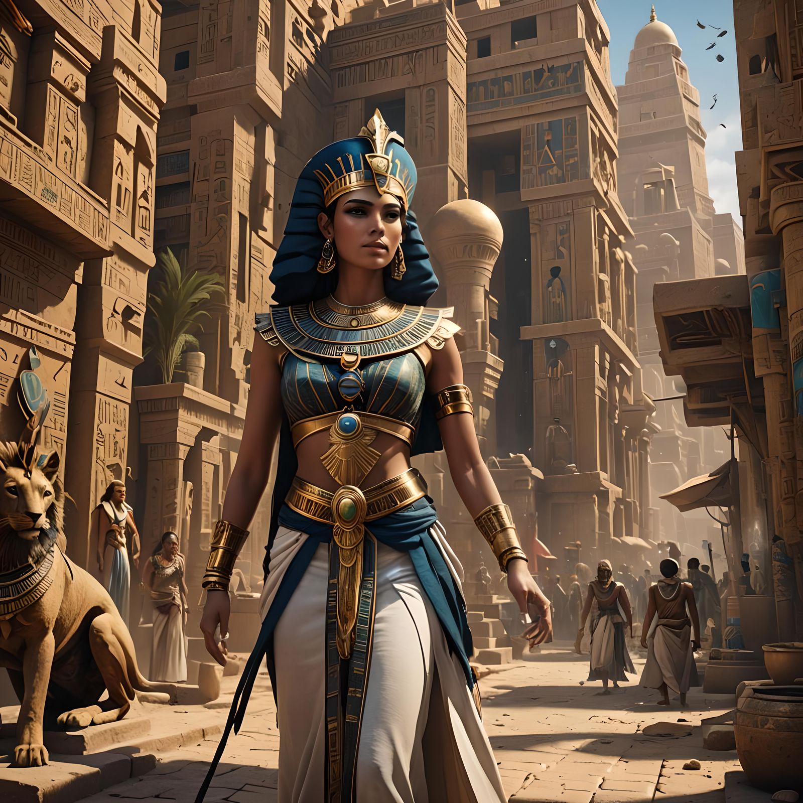 Egyptian Queen in Egypt Streets: Detailed Matte Painting