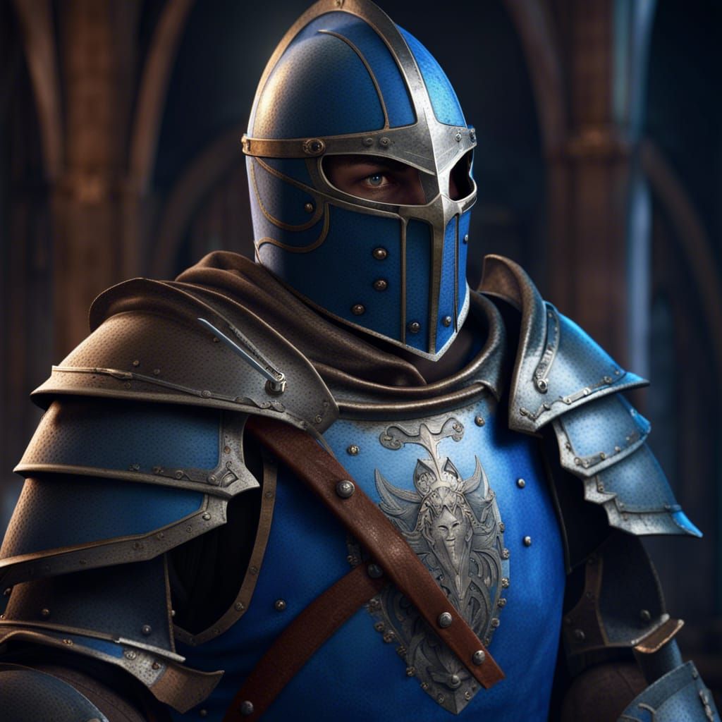 Crusader Warrior in Blue Armor, Detailed Matte Painting