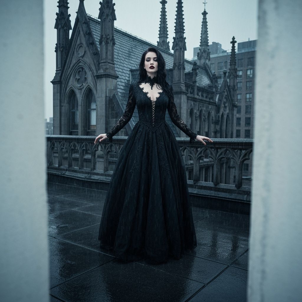 Vampirella on Gothic Rooftop in Art Nouveau Style