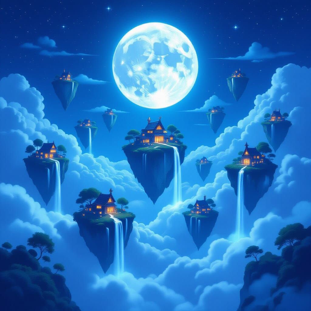 Floating Isles Under Full Moon in Concept Art Style