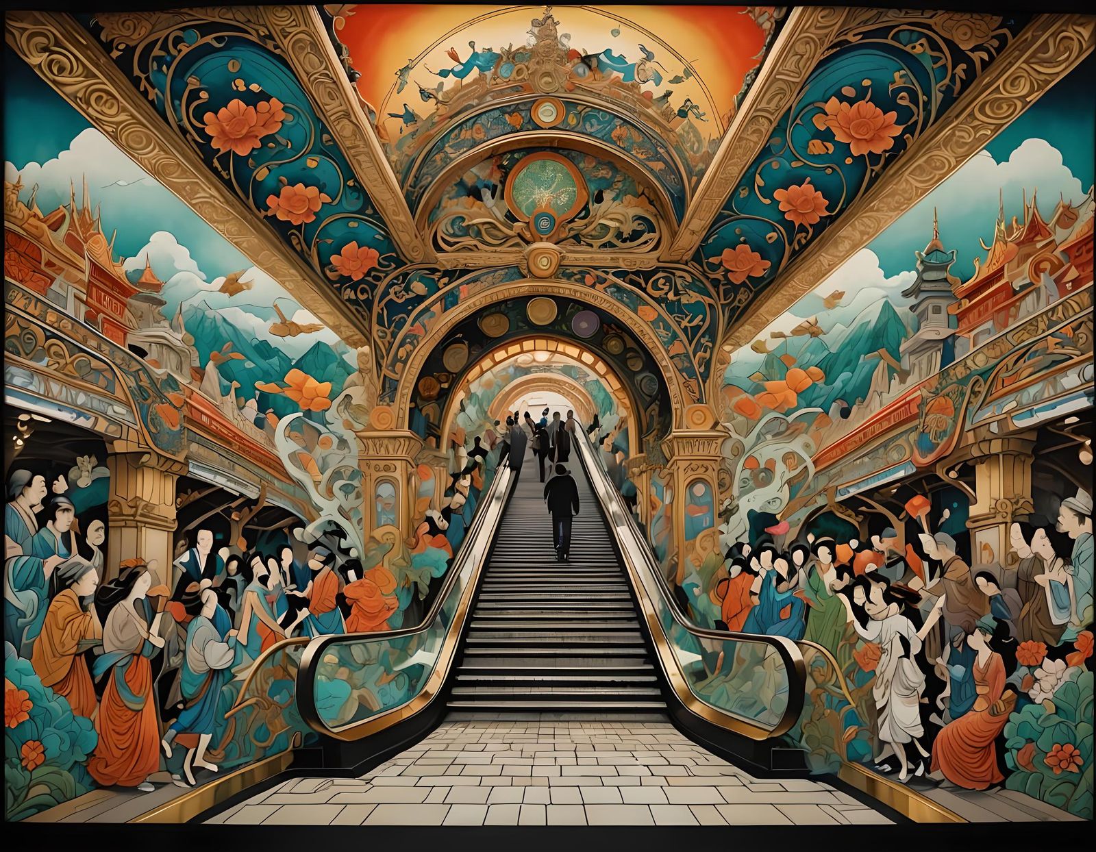 Subway Escalator with Eastern Art Nouveau Elements