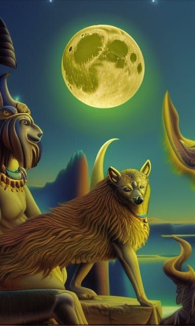 Anubis and Wepwawet Howl at the Moon in Hyperrealistic Fanta...