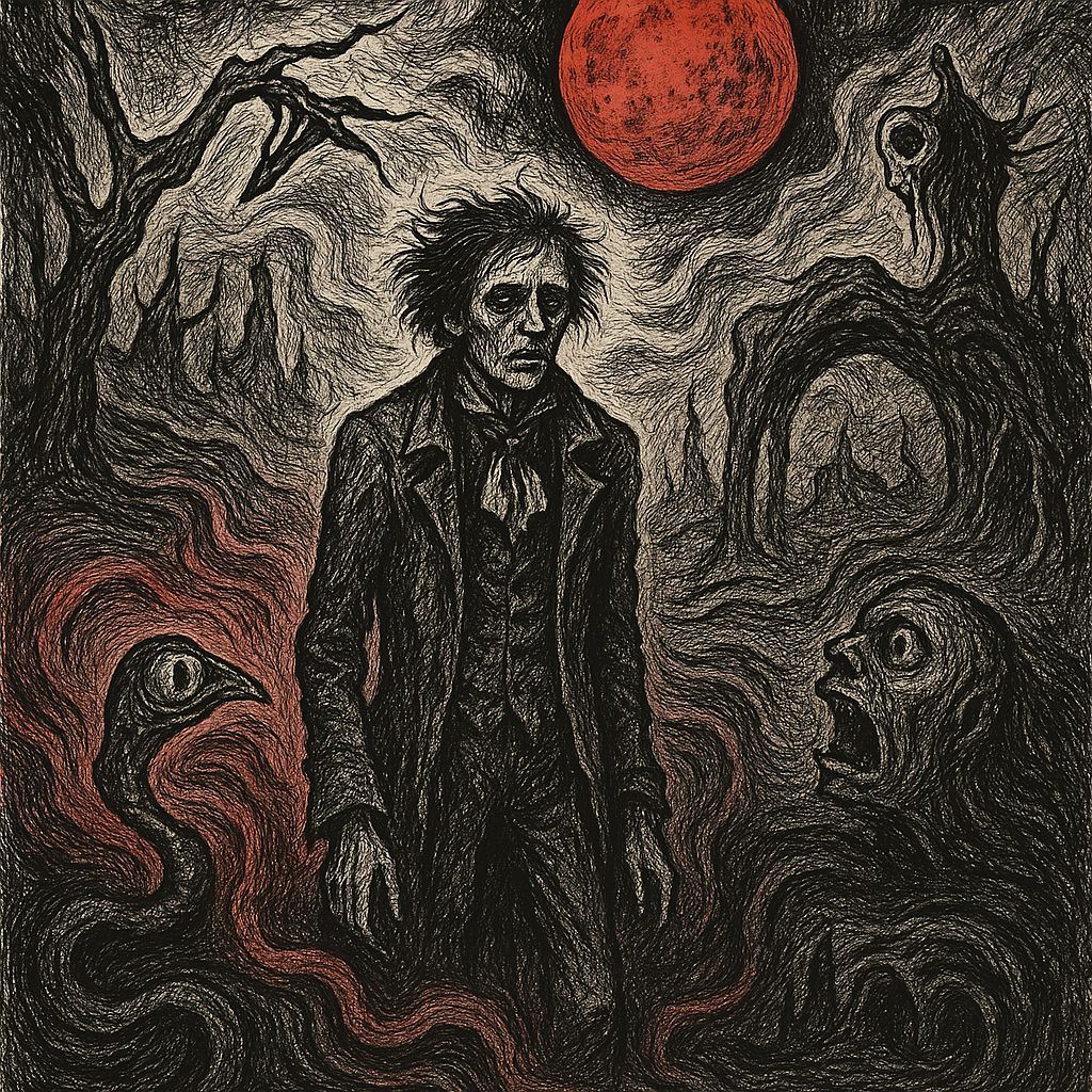 Cursed Poet in Red Fog: Ink Drawing Style