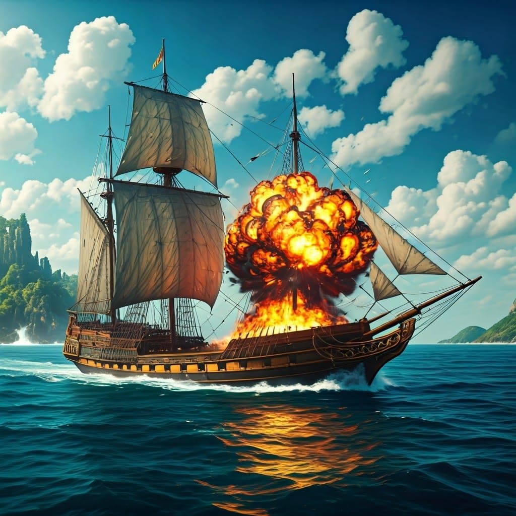 Fantasy Sailboat Amidst Turbulent Ocean Explosion