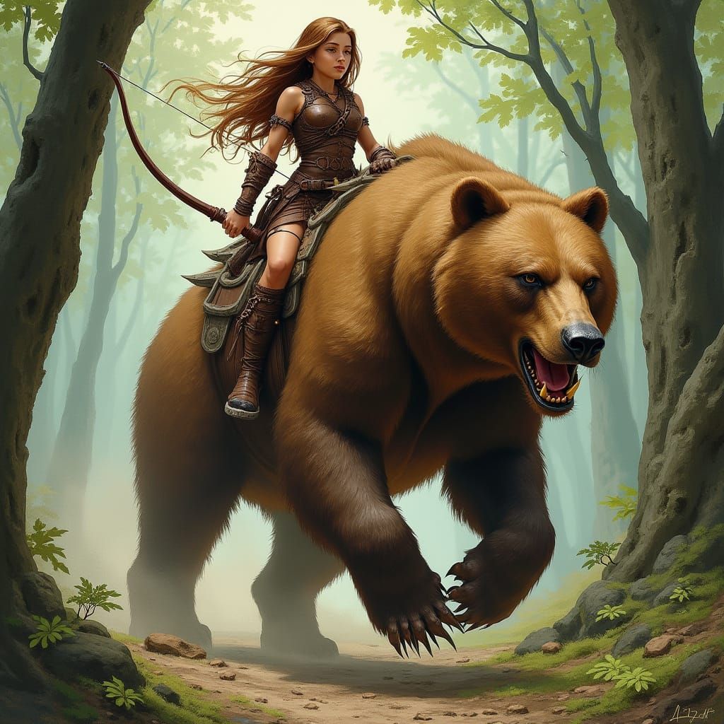 Elf Riding a Ferocious Bear in Mystical Forest