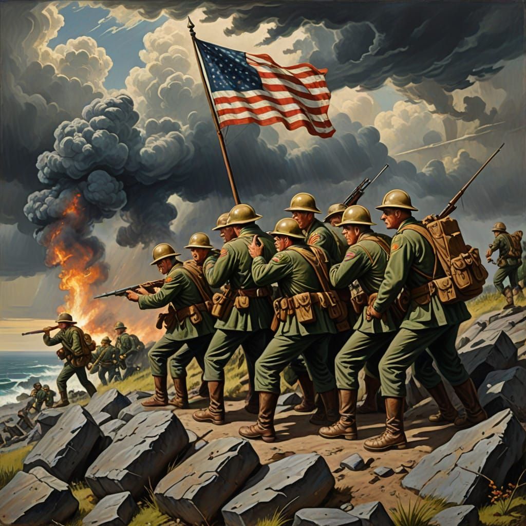 American Flag Raised on Iwo Jima in Dynamic, Expressive Oil...