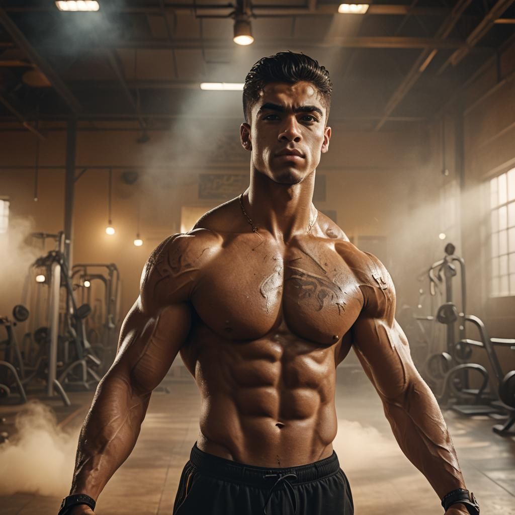 Arabic Teen Bodybuilder in Misty Gym: Digital Matte Painting