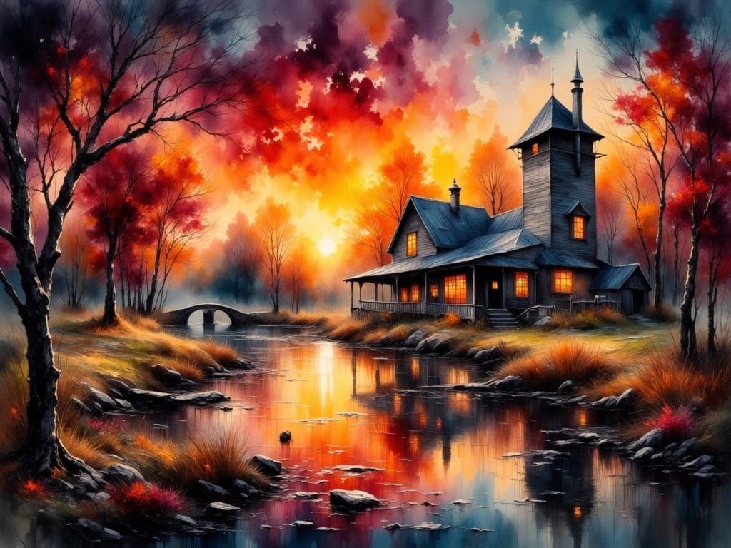 Whimsical Nighttime Sawmill Under Fall's Dark Watercolor Glo...