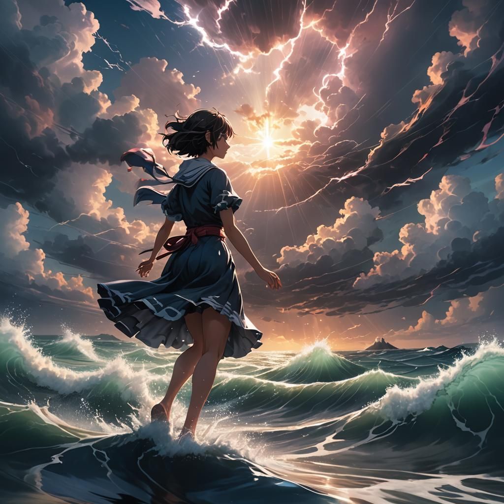 Magical Girl Summons Stormy Wave: Digital Art