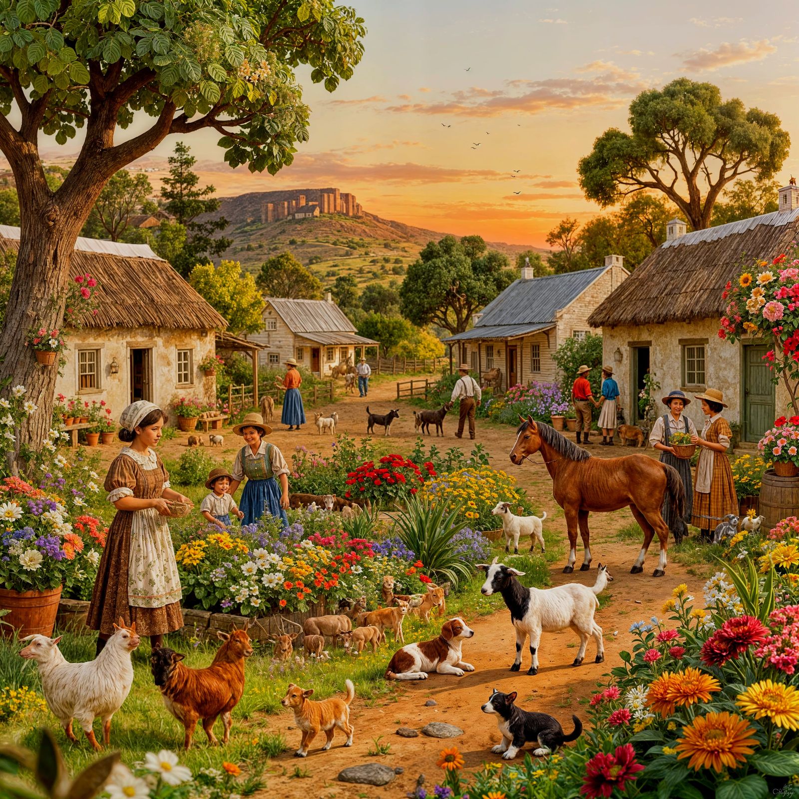 Vintage South African Village in Naive Folk Art Style