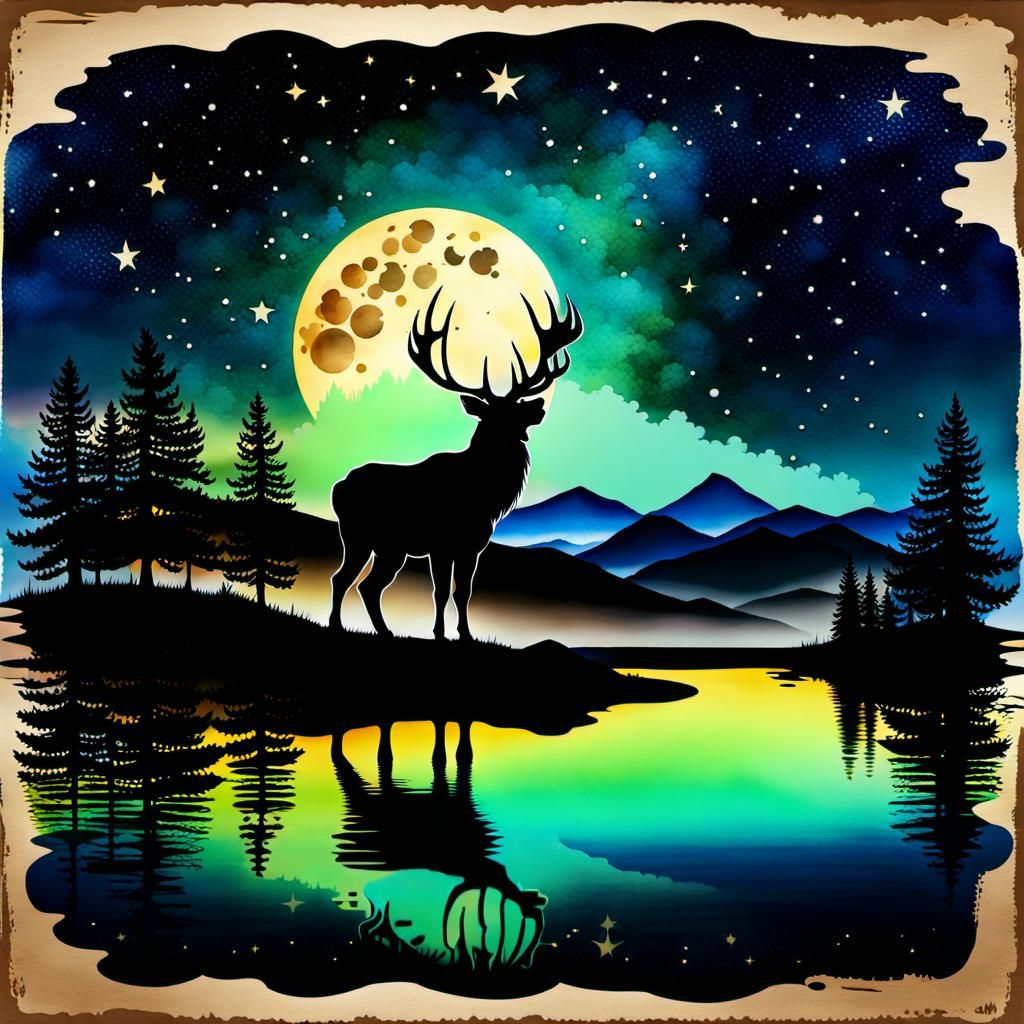 Watercolor Elk Under Moonlight on Island Hill