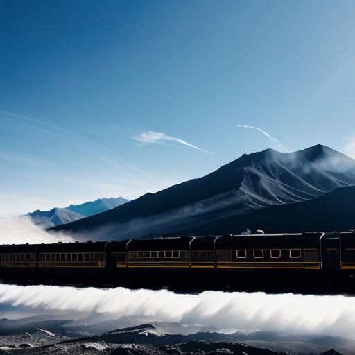 Black Train Ascending Through Mountain Landscape at Sunrise