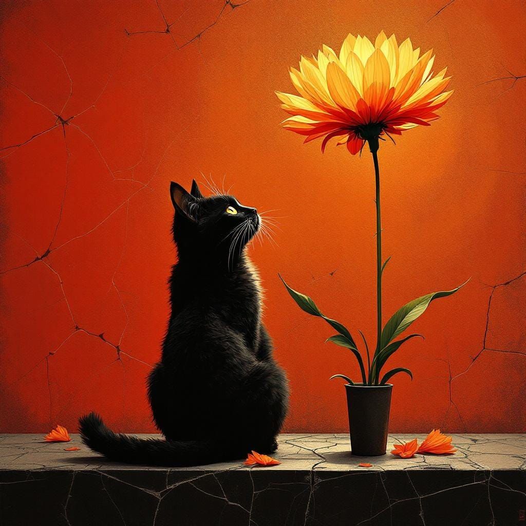 Surreal Cat Under Flower: Deyneka, Magritte, de Chirico Styl...