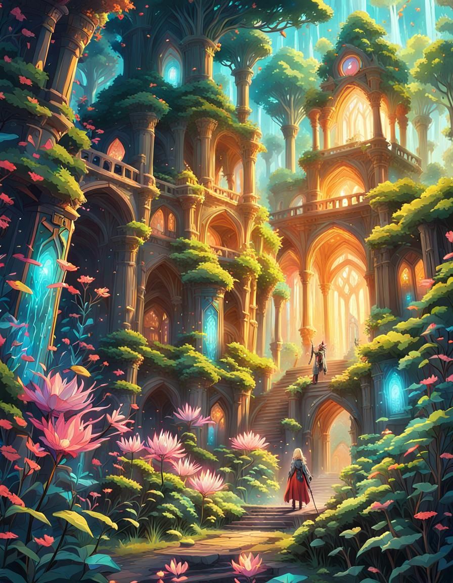 Magical Knight in Ancient Temple: Anime Fairytale Art
