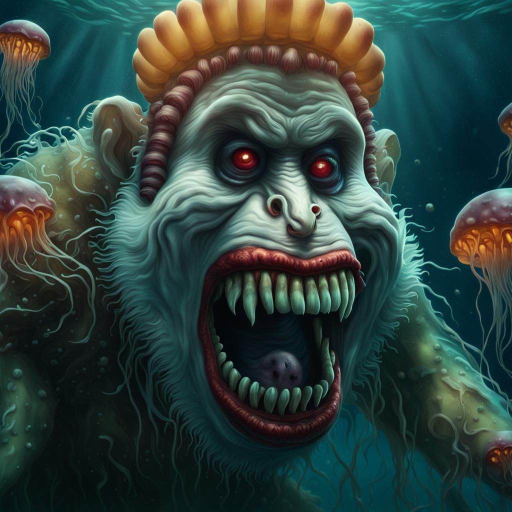 Zombie Monkey Clown Jellyfish Grinning Underwater: Digital M...