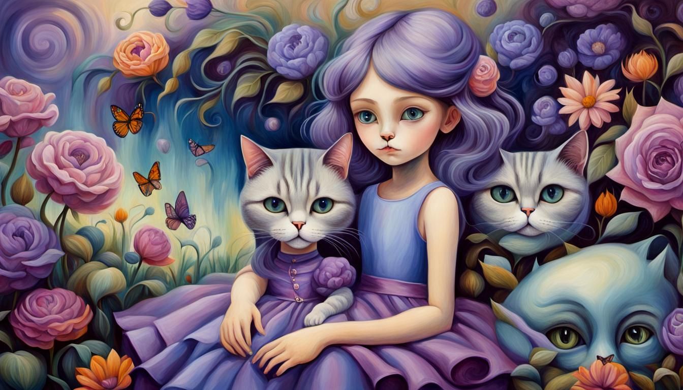 Dreamlike Portrait of Girl with Cat in Surreal Garden