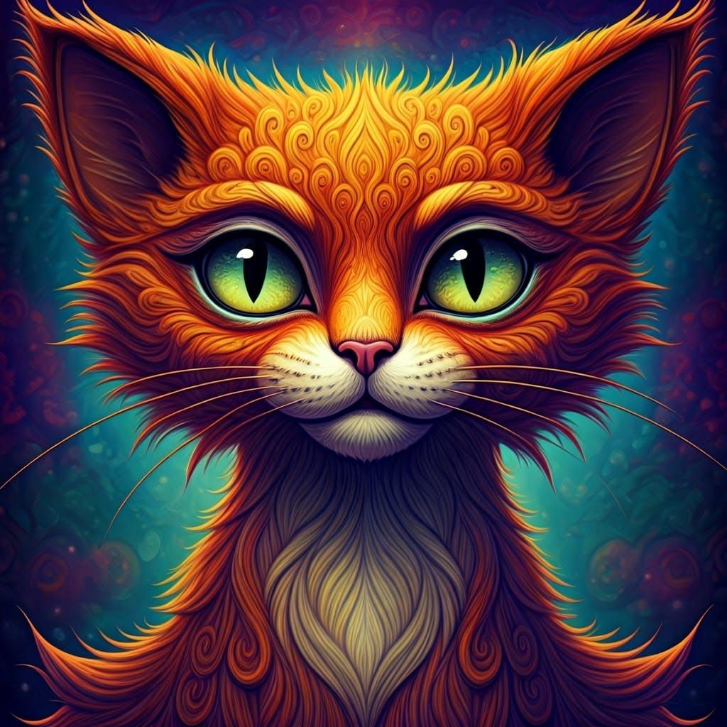 Whimsical Cartoon Cat with Swirling Patterns