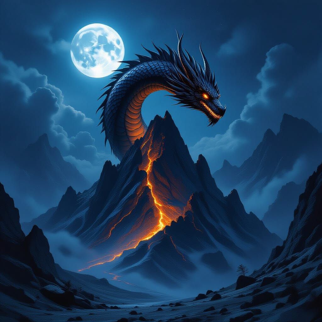 Obsidian Dragon Coiled Around Shattered Mountain Peak