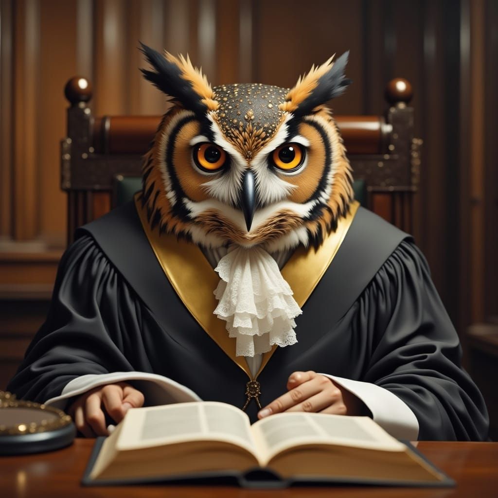 Owl in Judicial Attire Presides Over Court