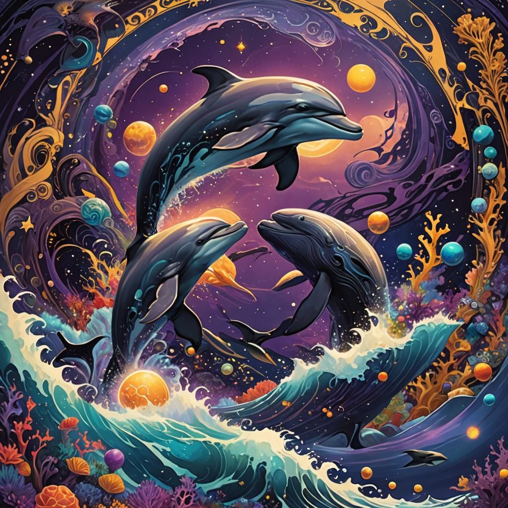 Cosmic Dolphin and Whale in Dark Fantasy Art