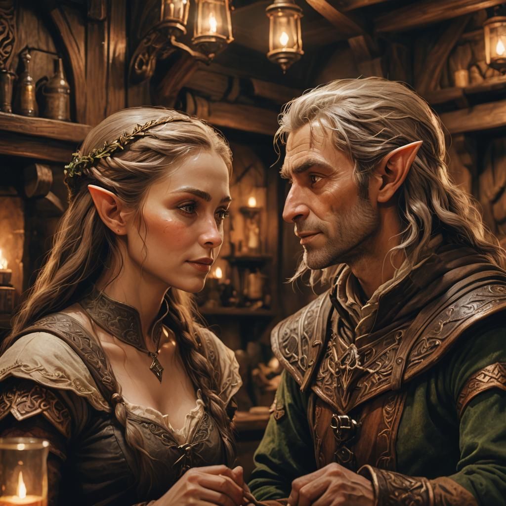 Sir Elf in Tavern, Warm Oil Painting Style