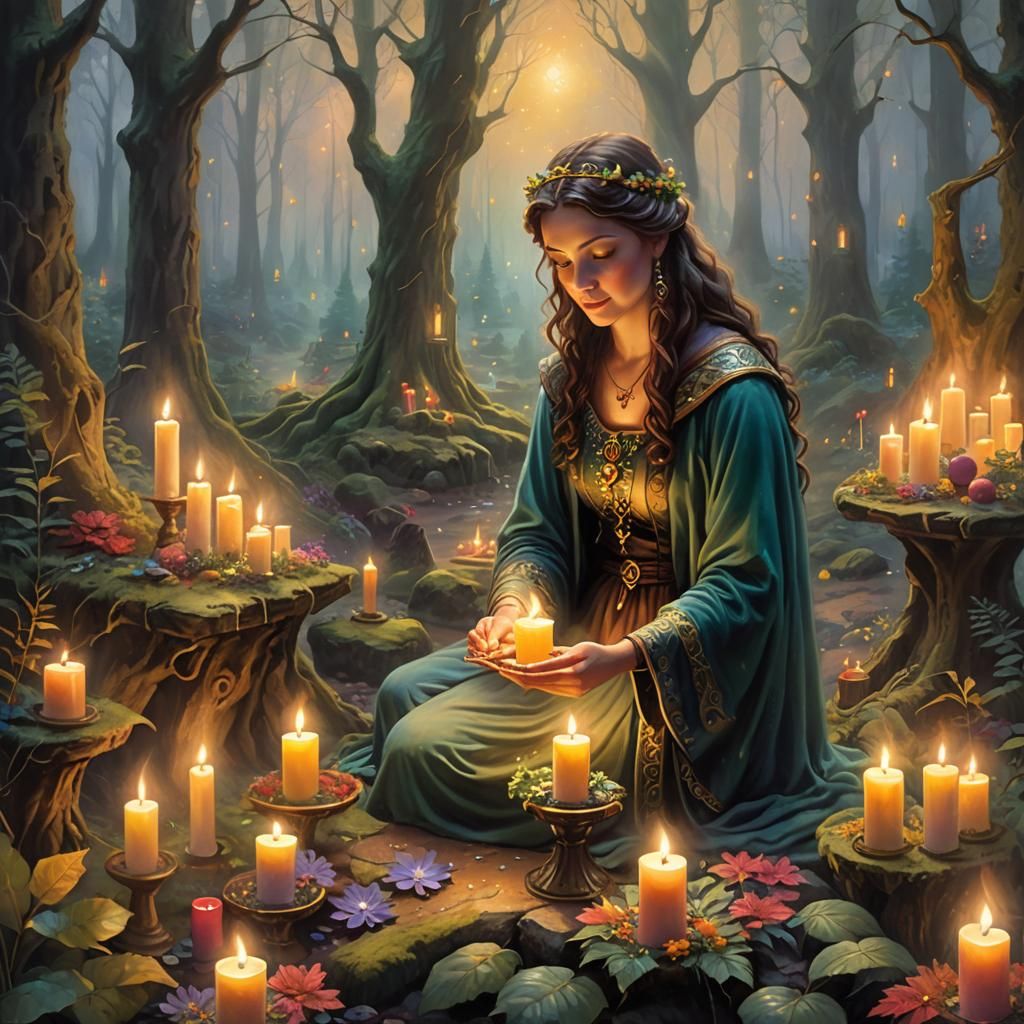 Mystical Wiccan Priestess in Forest, Kinkade Style