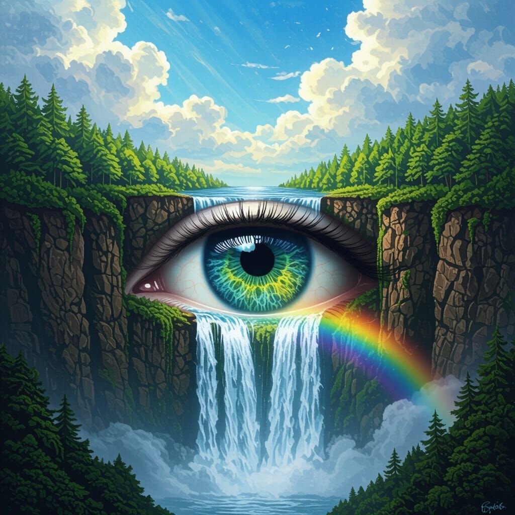 Surreal Eye Waterfall with Sky and Forest