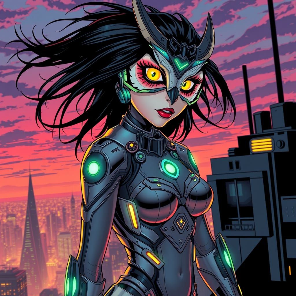 Cyberpunk Goddess with Owl Features and Metallic Armor