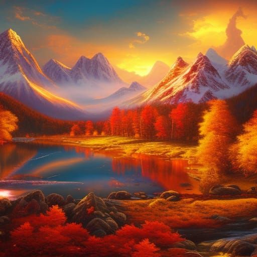 Majestic Mountain Sunset: Detailed Matte Painting