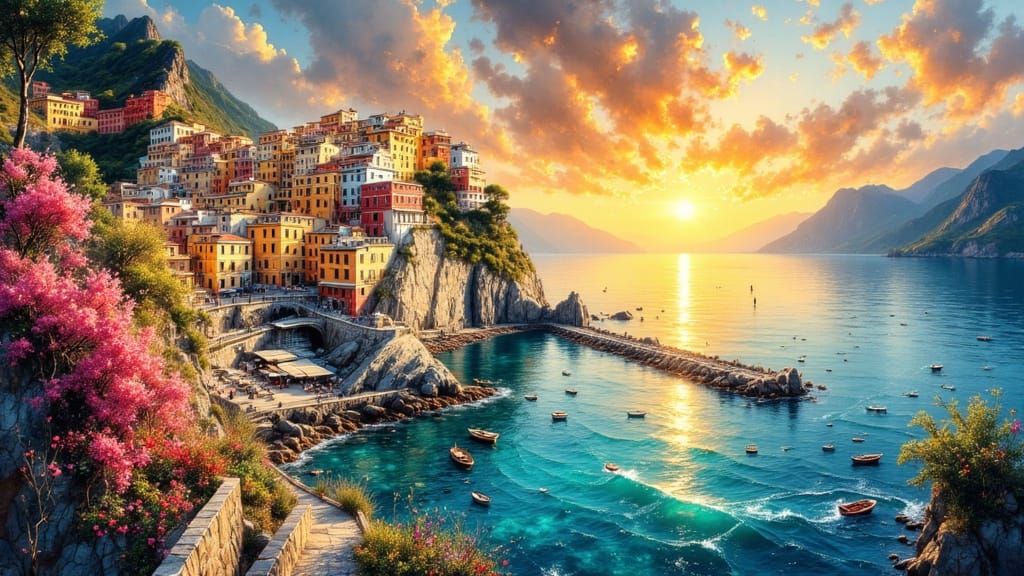 Mediterranean Sunset: Impressionistic Coastal Townscape