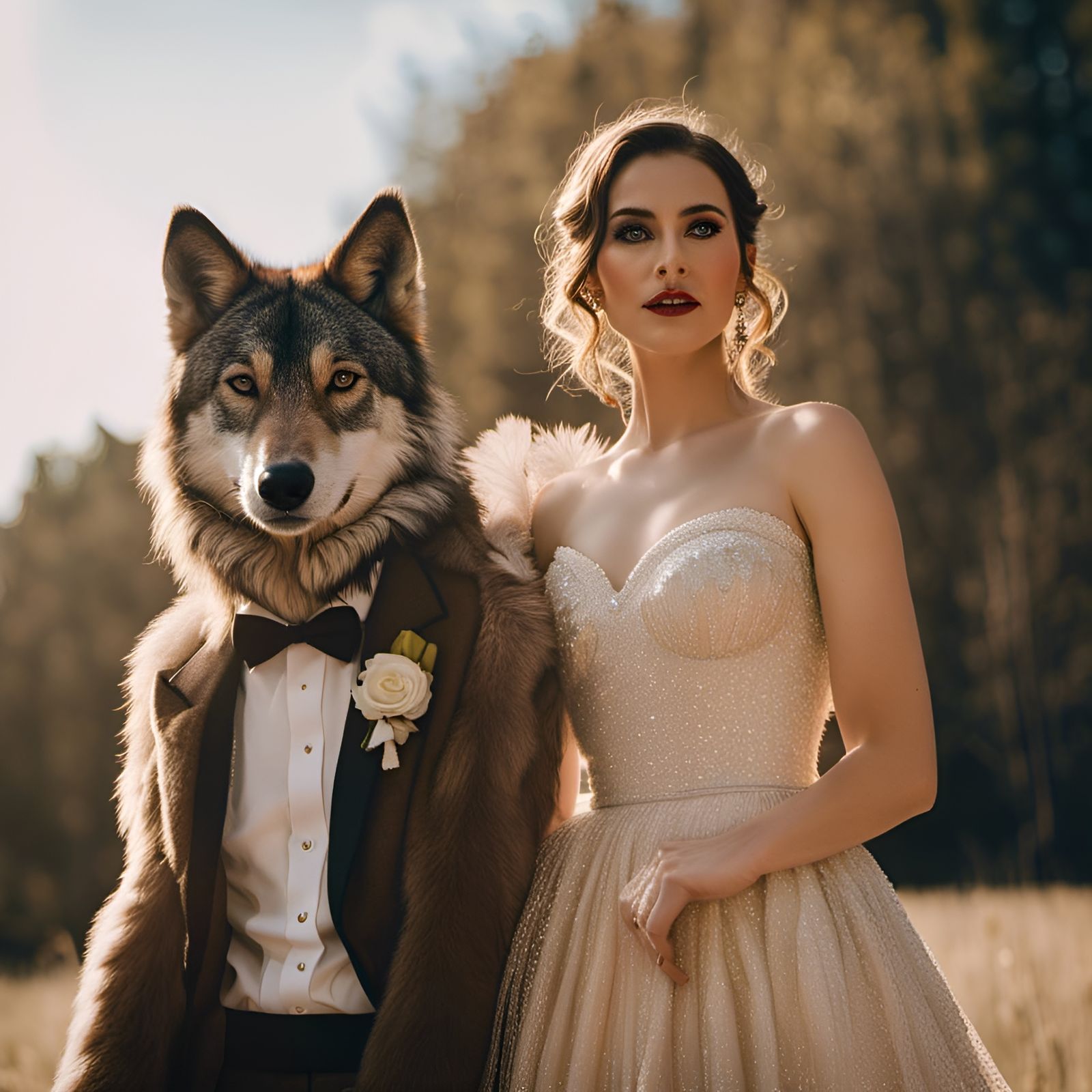 Anthropomorphic Wolf and Woman in Elegant Attire