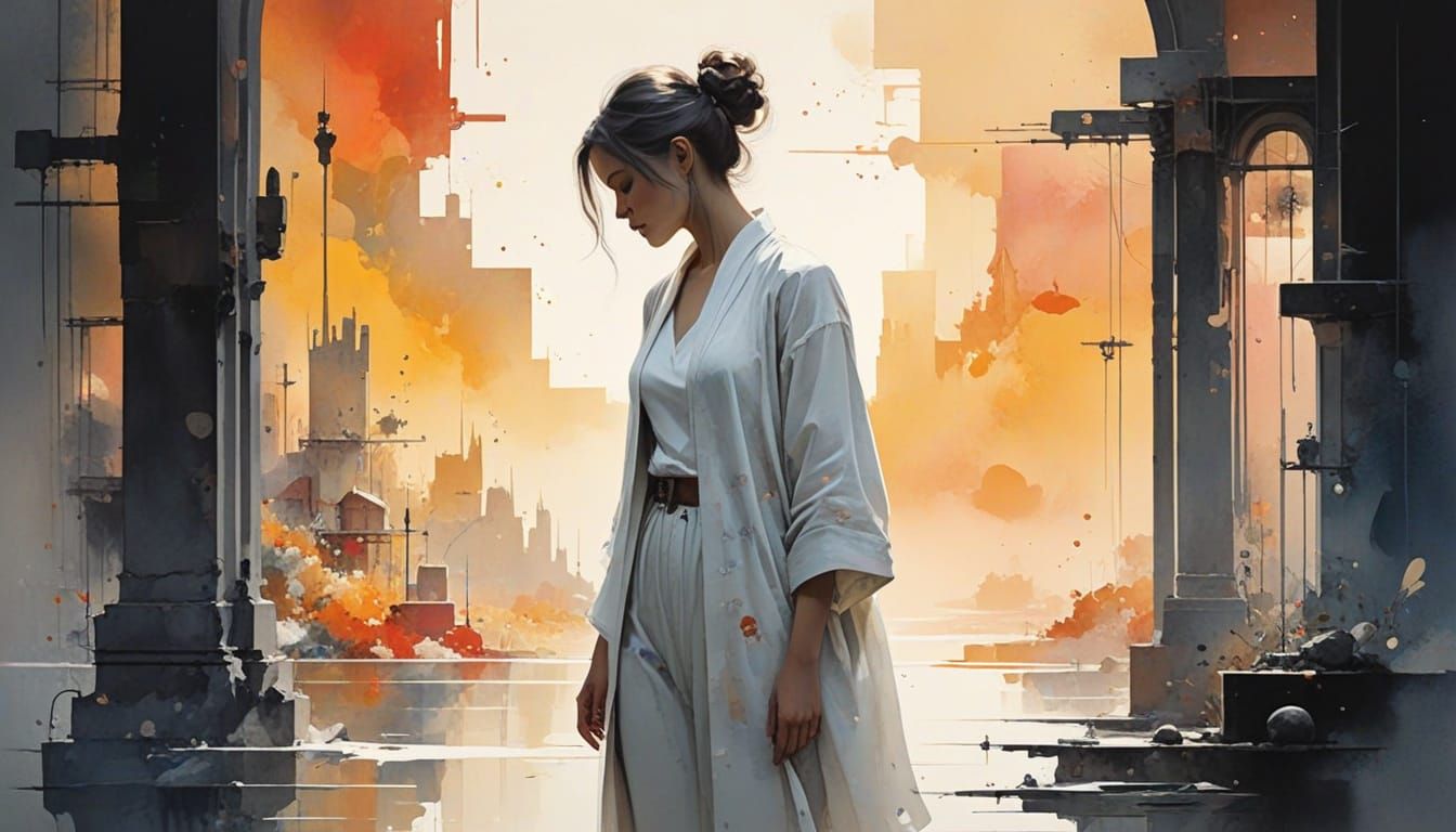 Cosmic Mechanical Fusion in Watercolor Style