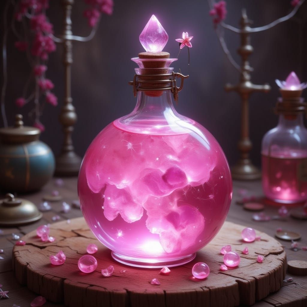 Crystal potion of pink liquid on a wooden table