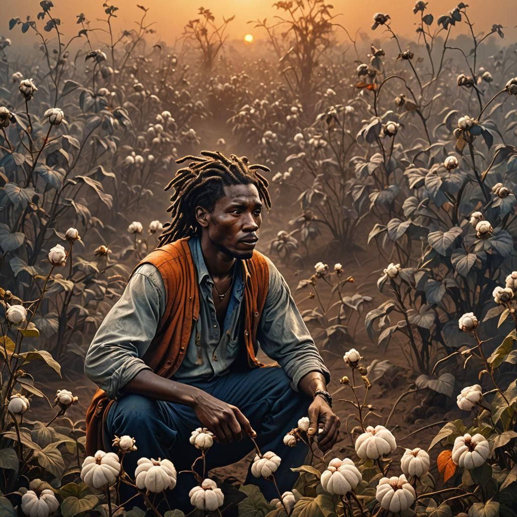 African Man Picking Cotton in Muddy Field