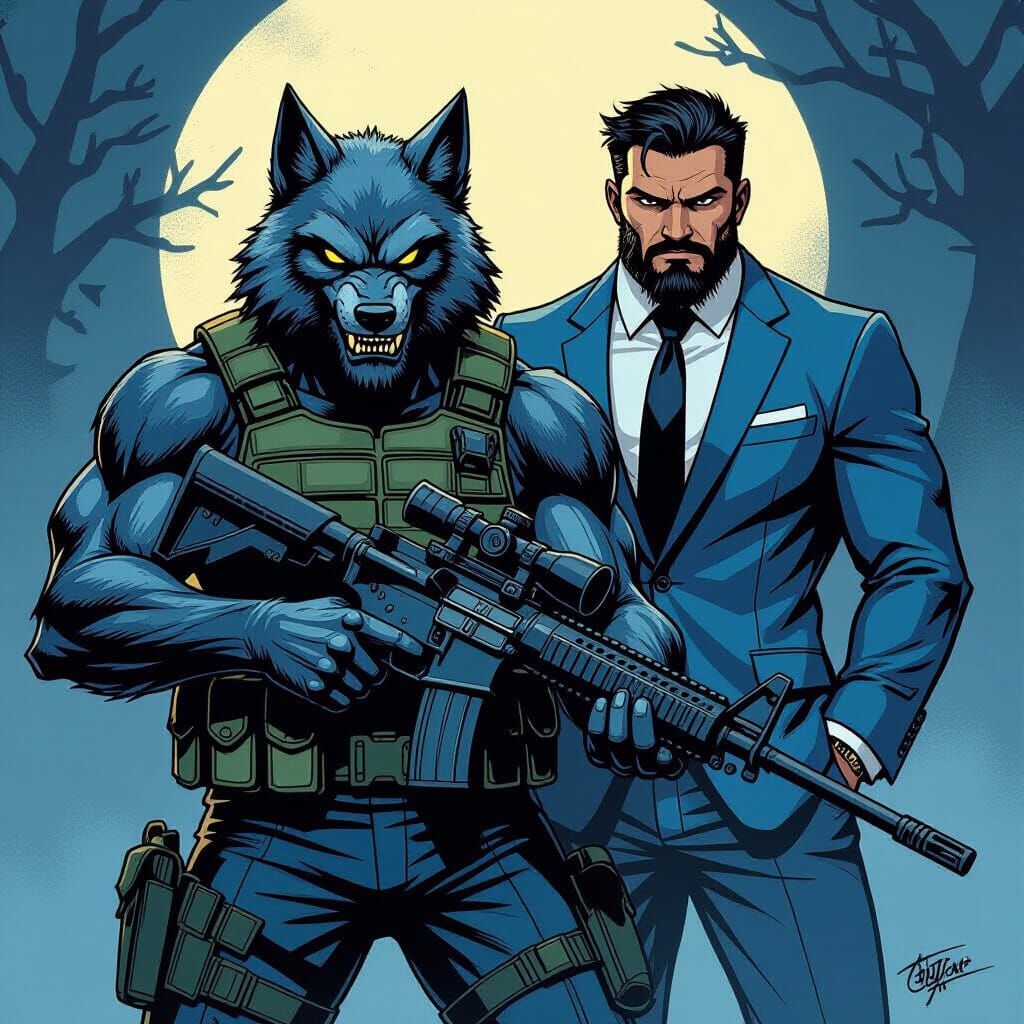 Werewolf Protects Vampire in Comic Book Art Style