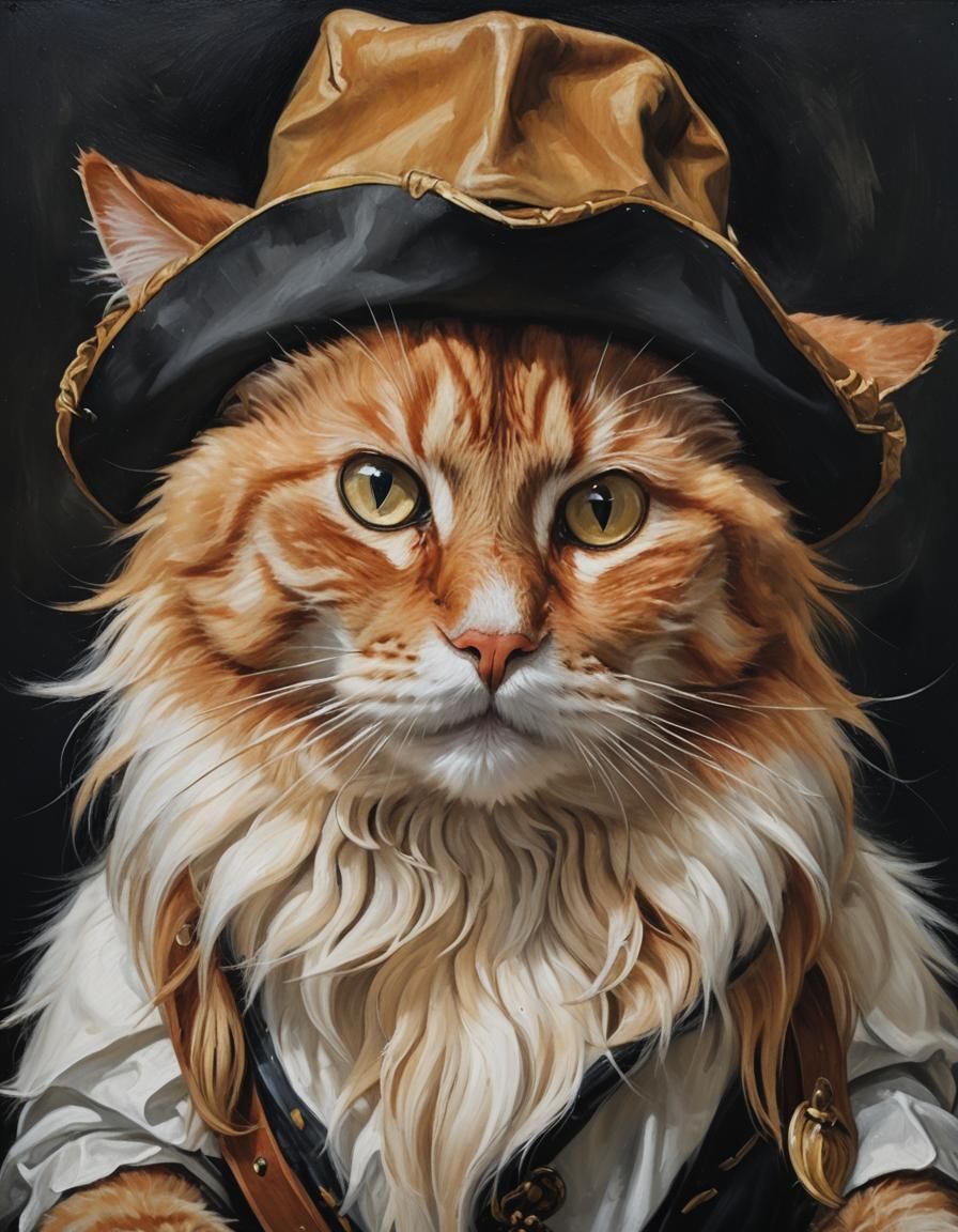 Ginger Cat in Musketeer Hat, Oil Painting