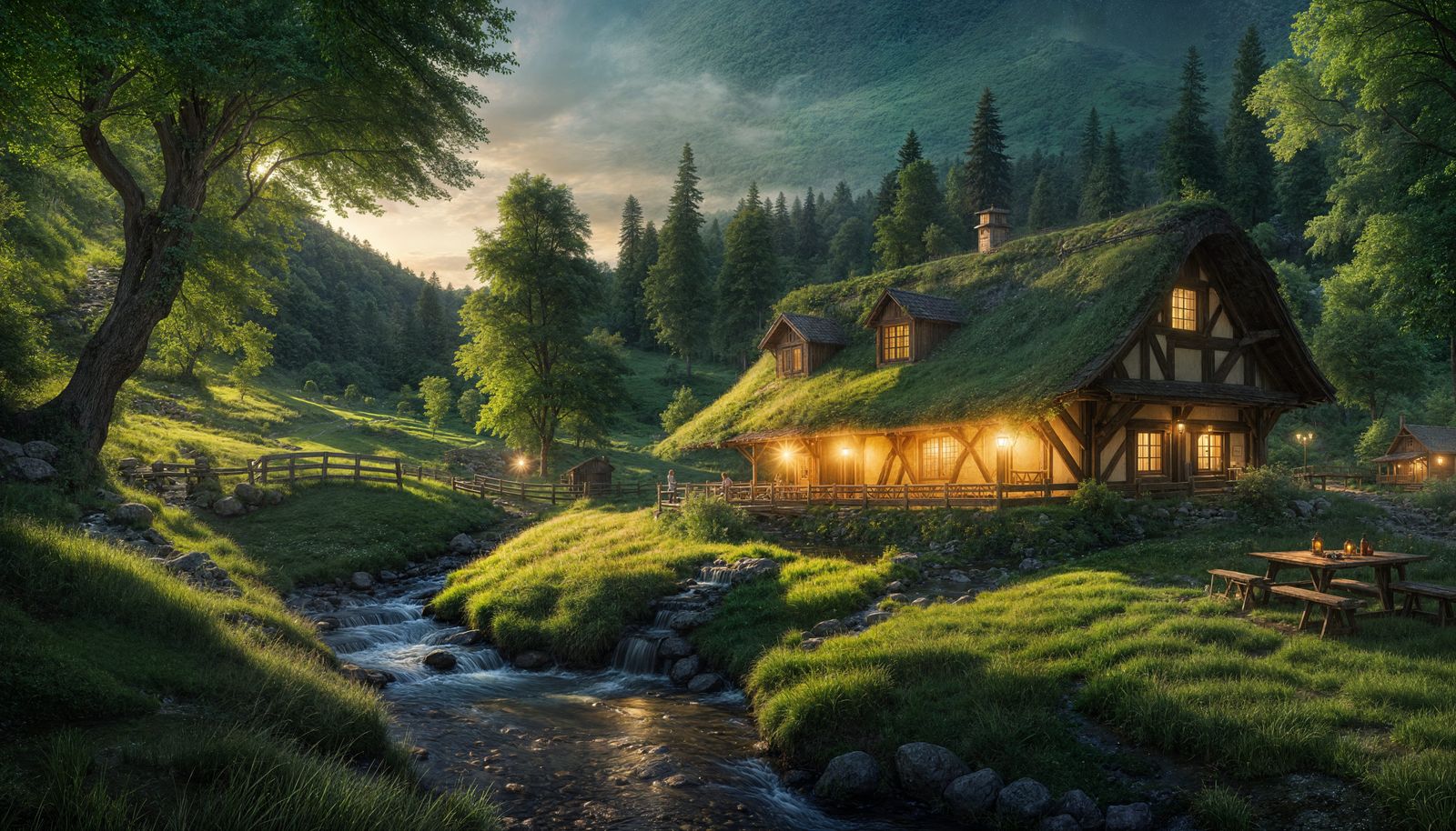 Lively Tavern in Green Valley at Night