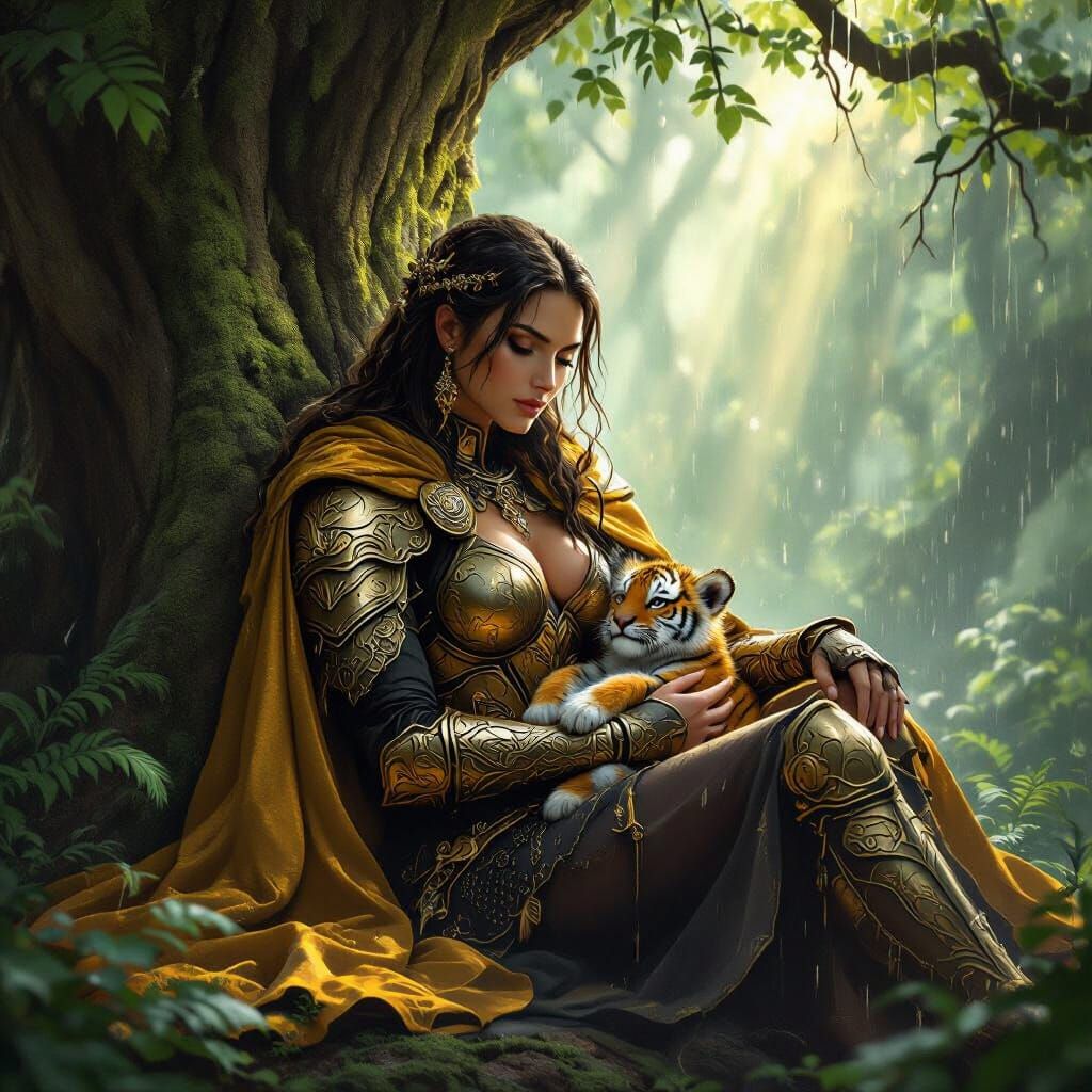 Regal Warrior with Tiger Cub in Mystical Forest