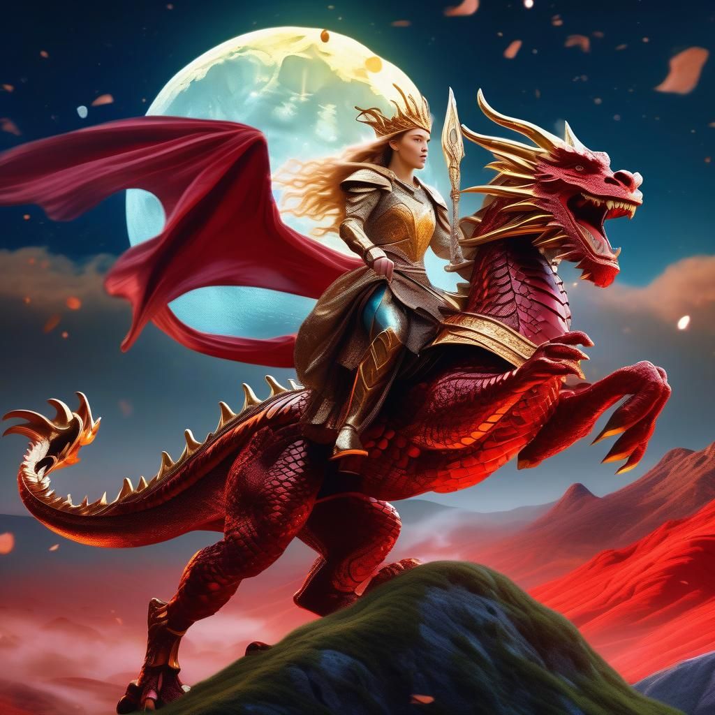 Warrior Queen on Dragon, Pre-Raphaelite Digital Art