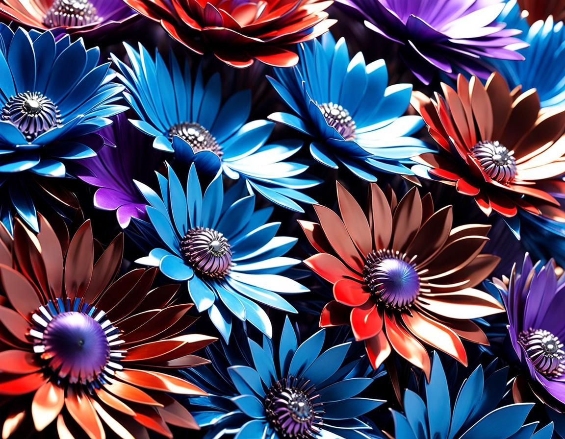 Hyperrealistic Forged Metal Flowers in Splash Art Style