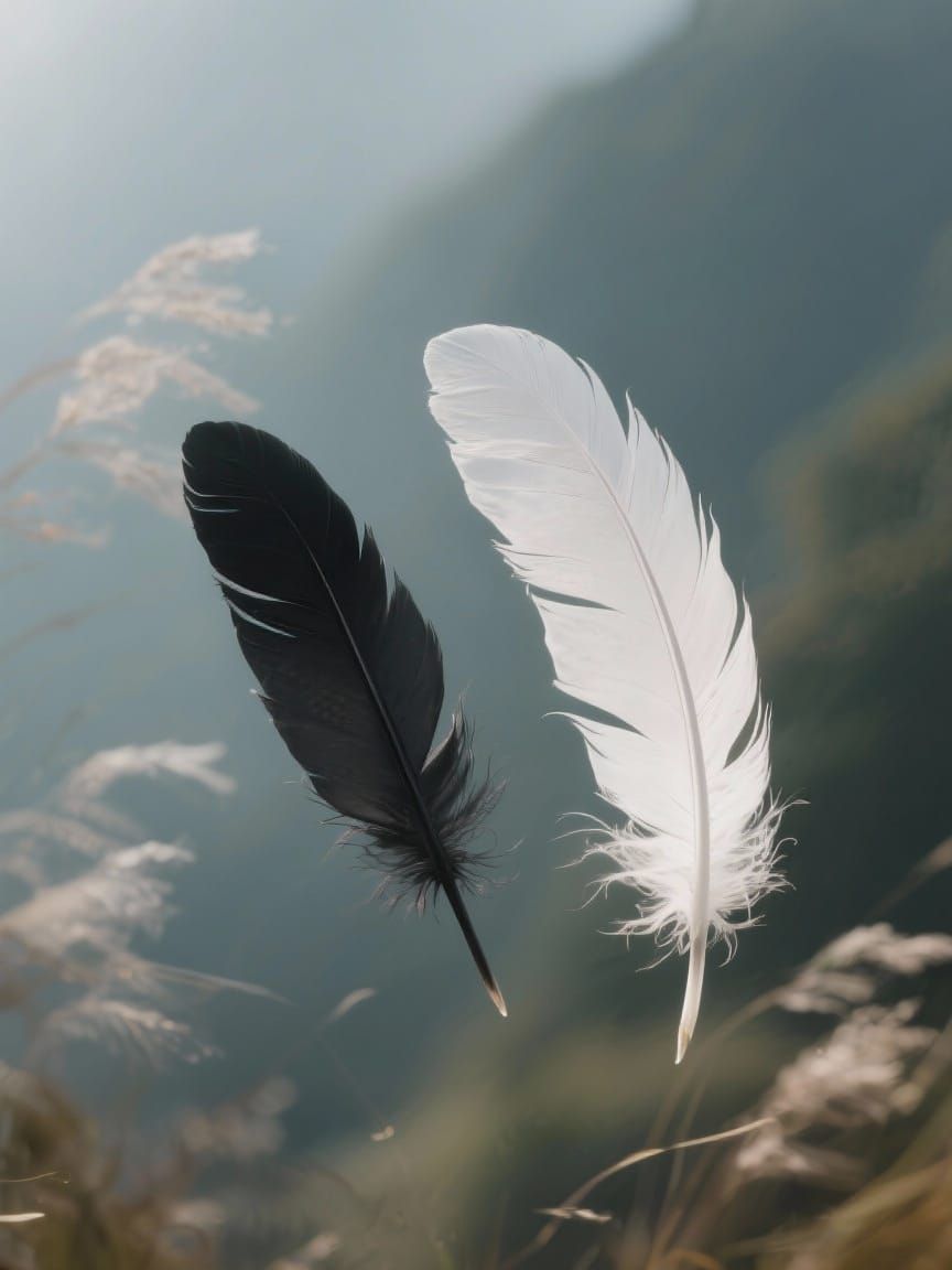 Duality of Feathers Drifting in Ethereal Realism Style