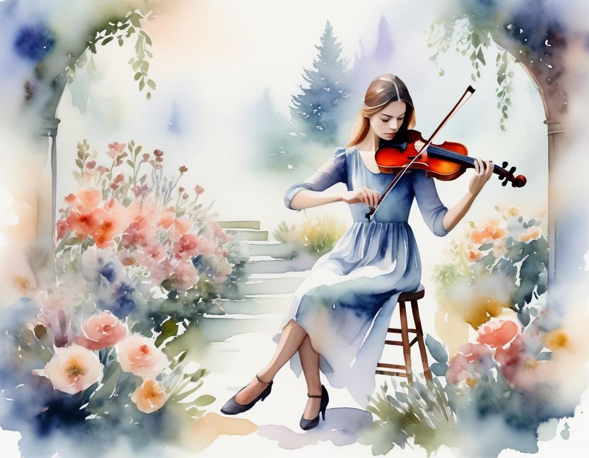 Dreamy Woman Playing Violin in Watercolor Garden