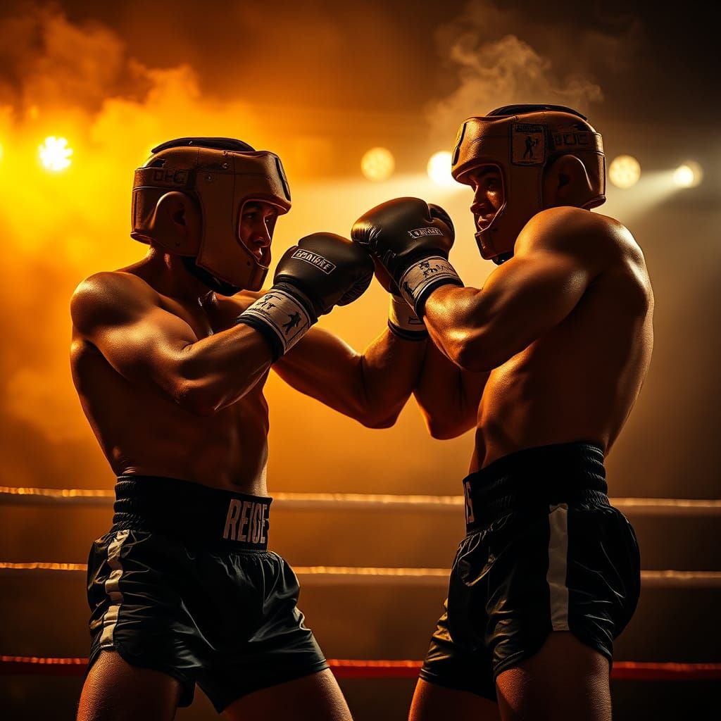 Boxers in Dimly Lit Ring: Hyperrealistic HDR Photography