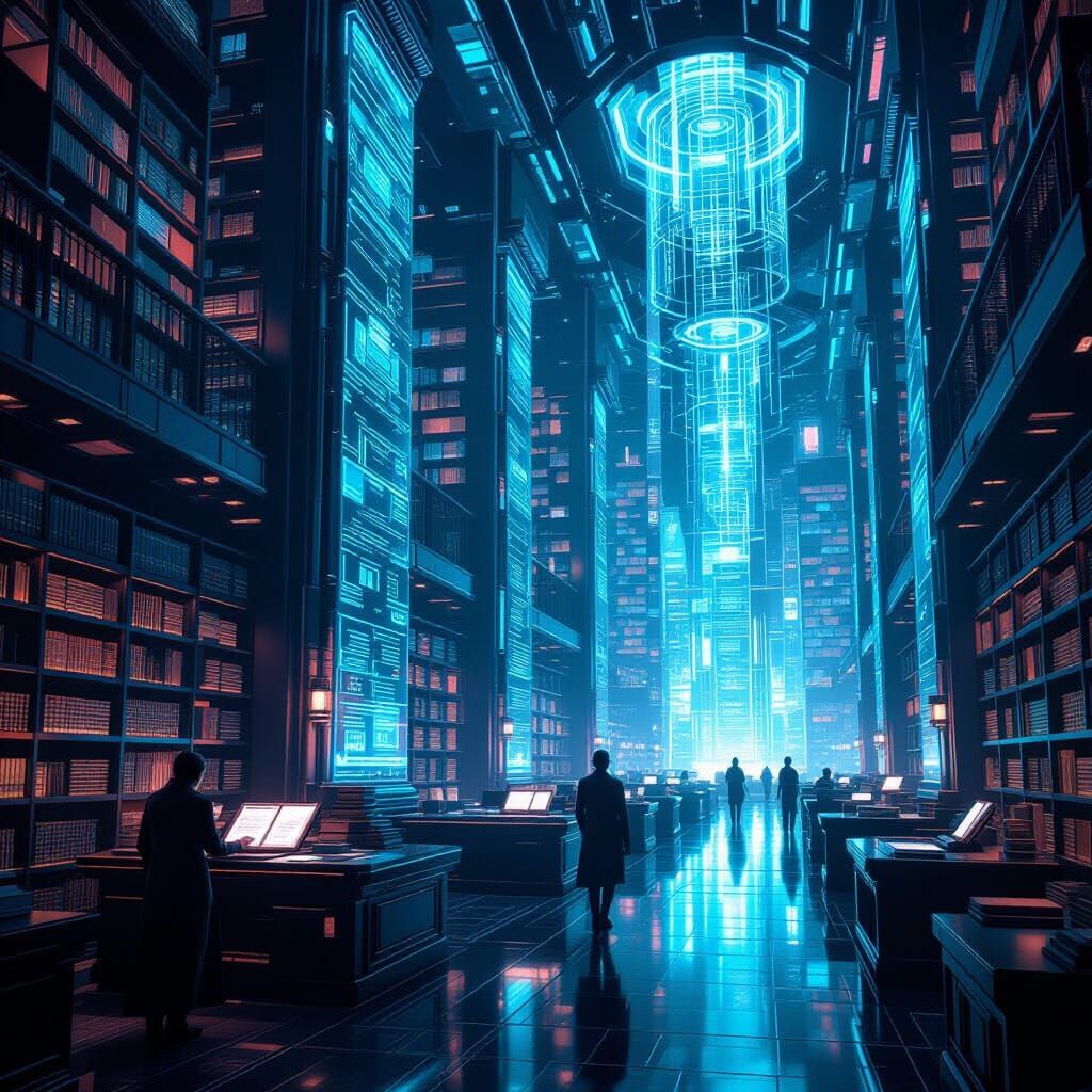 Futuristic Library in Cyberpunk Style